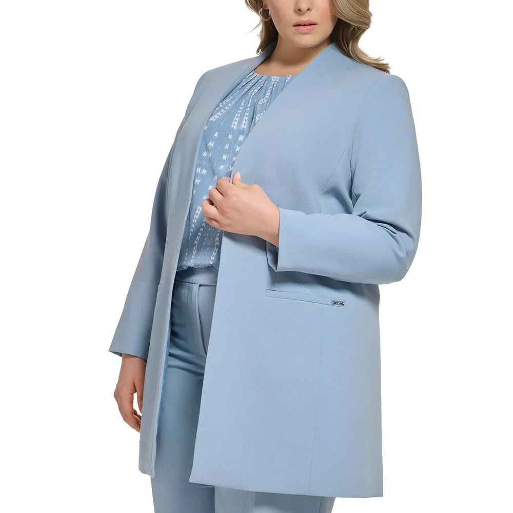 Calvin Klein Plus Size 20W Lux Collarless Open-Front Jacket - Dusk Light Blue
